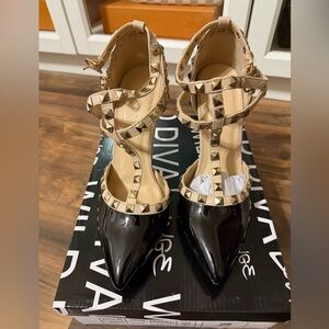 Diva Black Patent Heels with Gold Studs